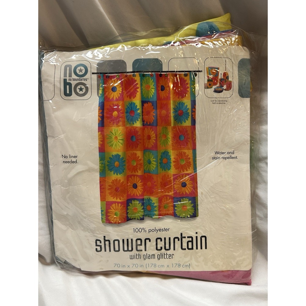 VTG Y2K New No Boundaries Flower Power Shower Curtain Crazy Daisy Glam Glitter